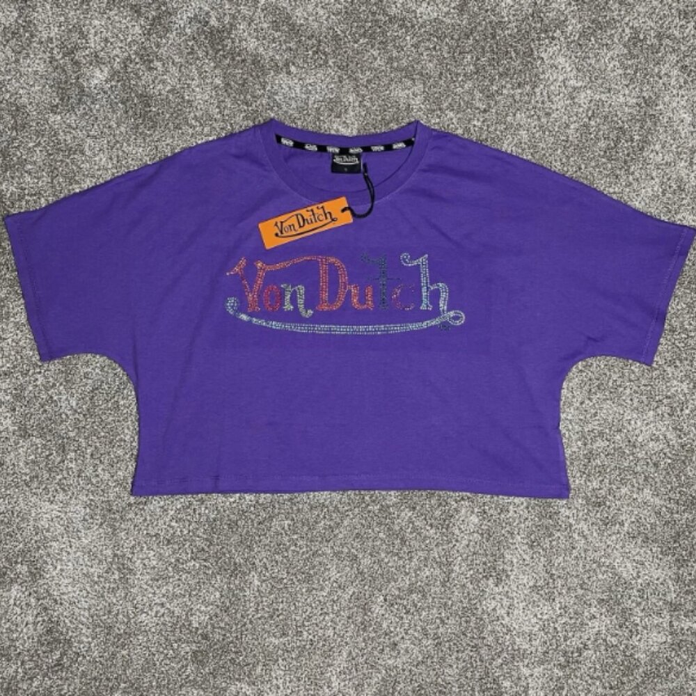 Von Dutch Women's Crop Top T Shirt Size Large Rhinestone Tee Purple Logo